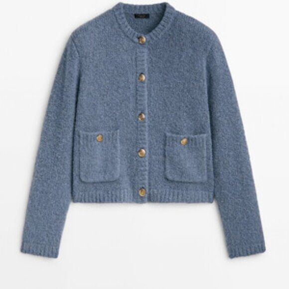 Massimo Dutti Mini Bouclé Knit Cardigan With Pockets Blue Gold Buttons szS - Picture 1 of 9